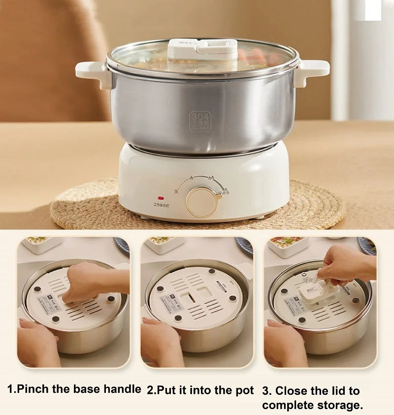 Electric cooking pot with stainless inner bowl and clear glass lid on white base