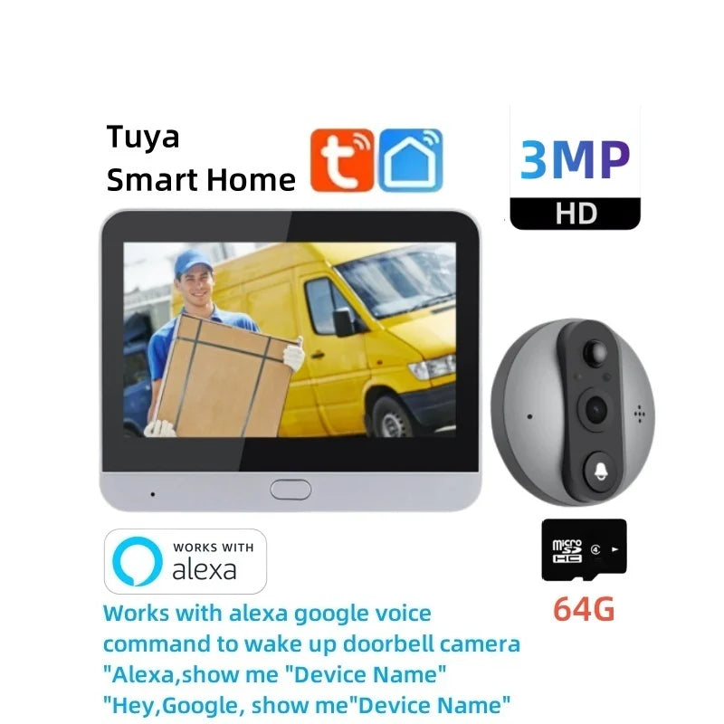 Wireless video doorbell camera with touchscreen monitor, gray doorbell, Alexa support and 64G