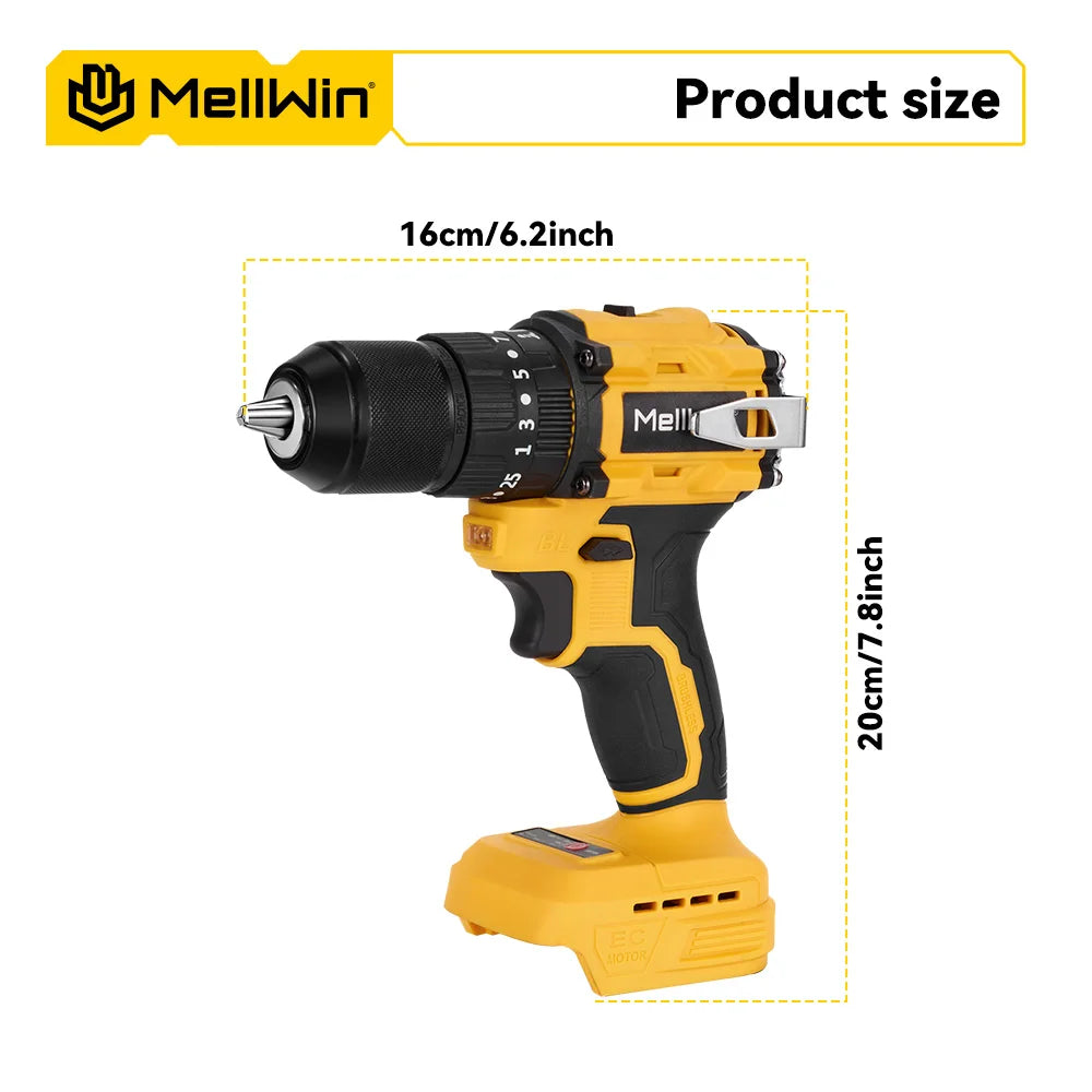 MELLWIN 13MM Brushless Electric Impact Drill 25+3 Torque Handheld Flat Drill Screwdriver Power Tools For Makita 18V Battery Pin