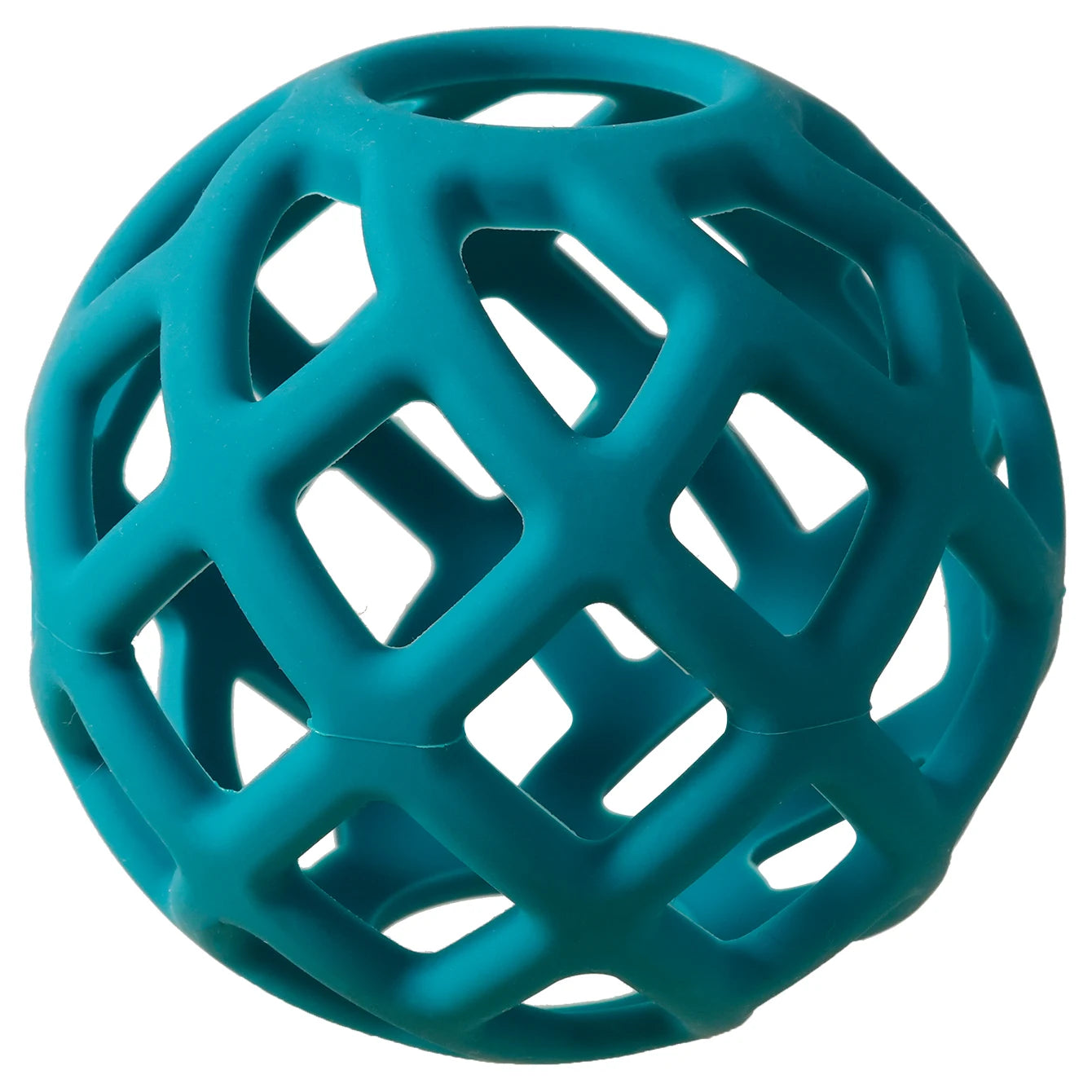 Teal silicone baby teething toy ball for soothing sore gums.