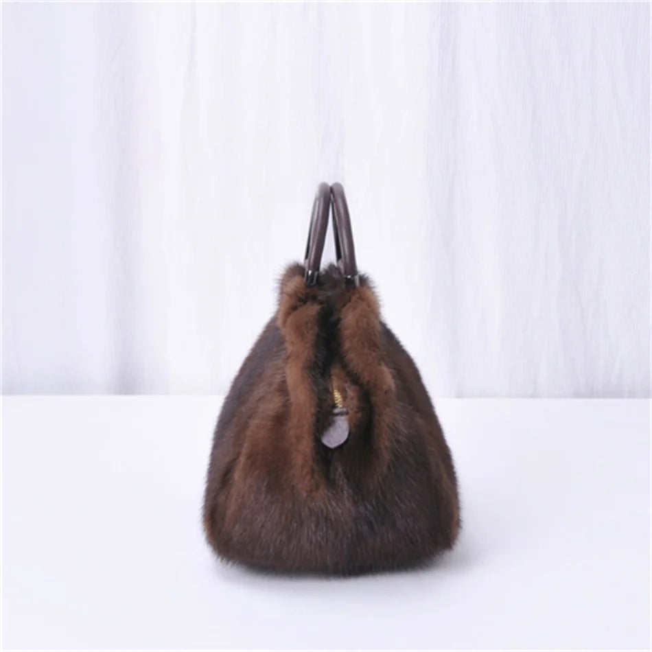 Women's Mink Fur Handbag 2026 New Fashion Designer Fluffy Fur Wrist Bag Large Capacity Soft Shopping Bag Girl Cute Handbag