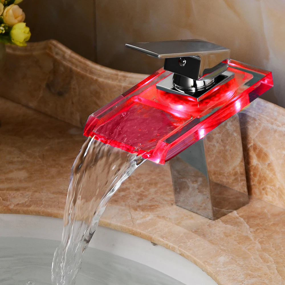 Smart Bathroom Faucet with Temp Light, Anti-Scald LED Indicator, Brass Construction, Waterfall Faucet, LED Color Changing
