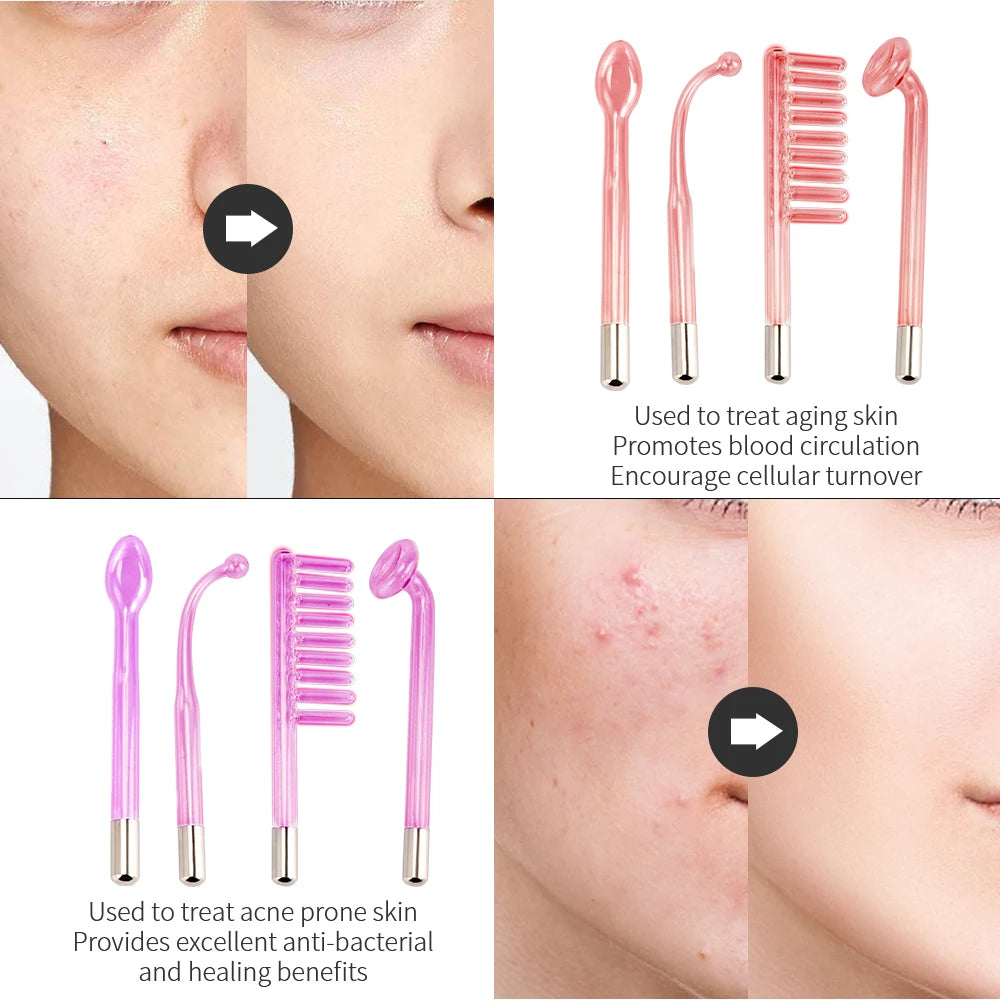 Four glass high-frequency wands in various shapes for acne and anti-aging skin treatments on face and hair.