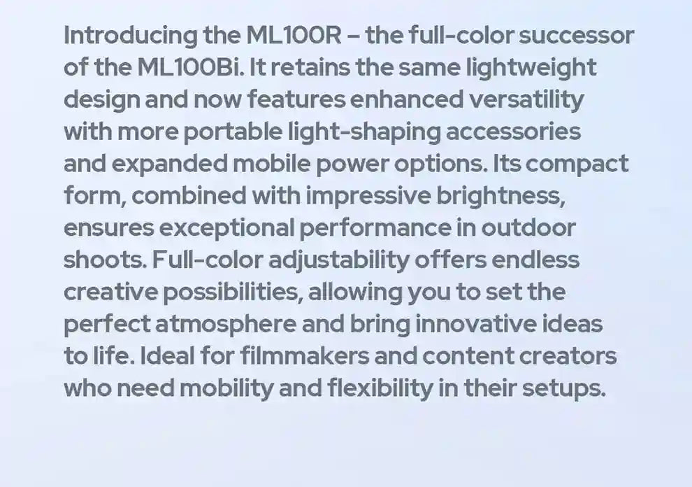 ML100R compact, portable full-color LED light for mobile photography and video production.