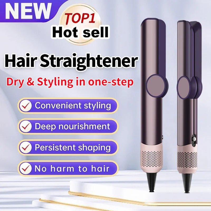 Purple and pink 2-in-1 negative ion hair straightener and dryer for professional one-step styling and nourishment.