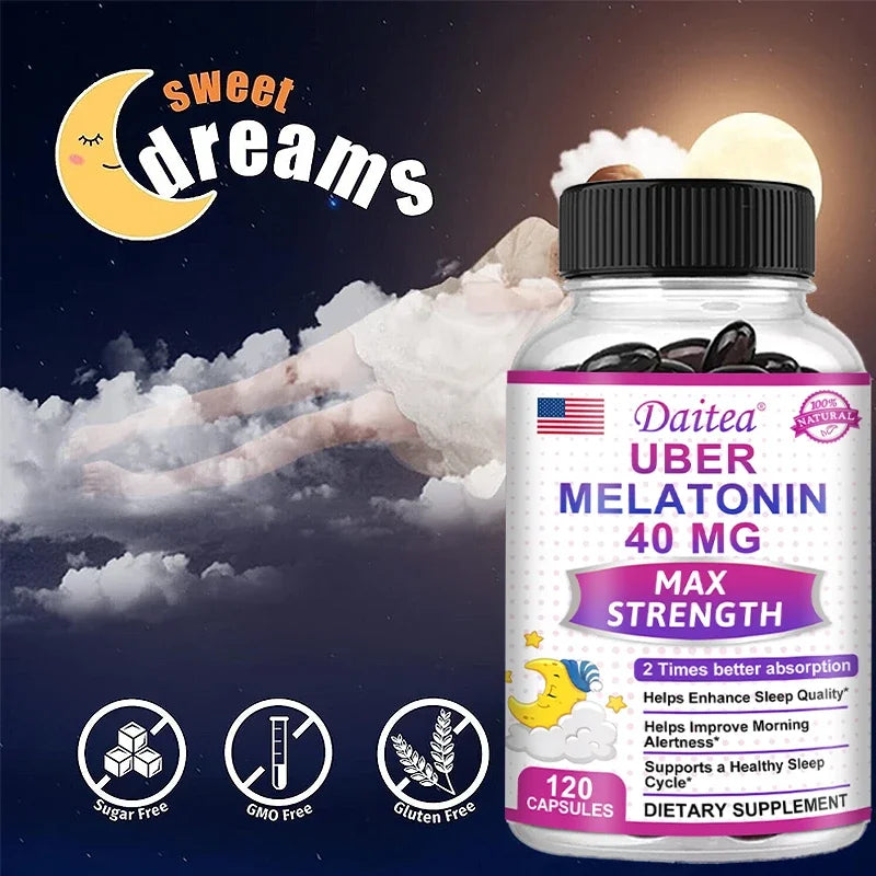 Daitea Melatonin Supplement 40mg Contains Vitamin C Theanine Extract Capsules to Promote Sleep Quality & Alertness Non-GMO