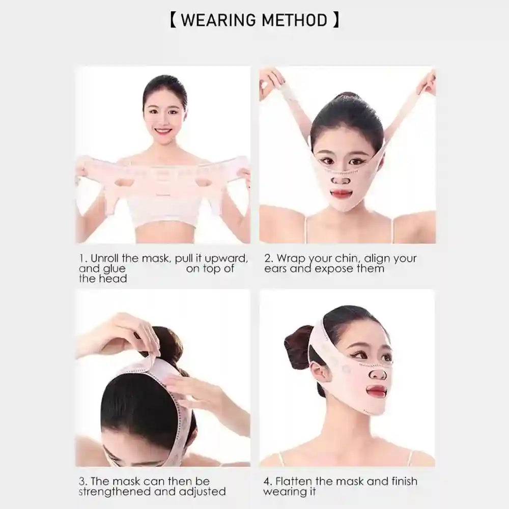 Four-step instruction guide showing a woman applying a beige, breathable V-line face slimming lifting mask.