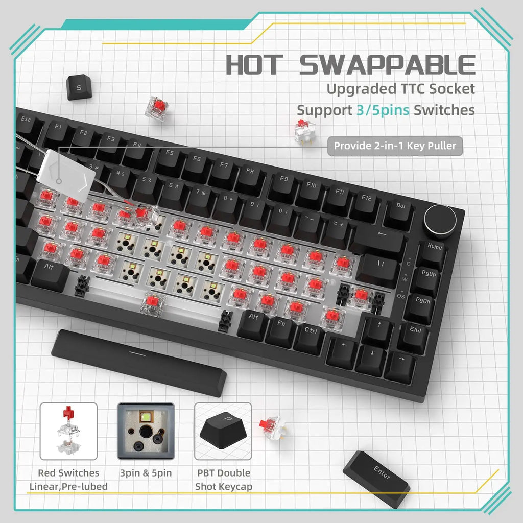 AJAZZ AK820 Wired Mechanical Gaming Keyboard 75% Layout 82 Key Hot-Swappable Design Metal Volume Knob Ideal Esports Office Use
