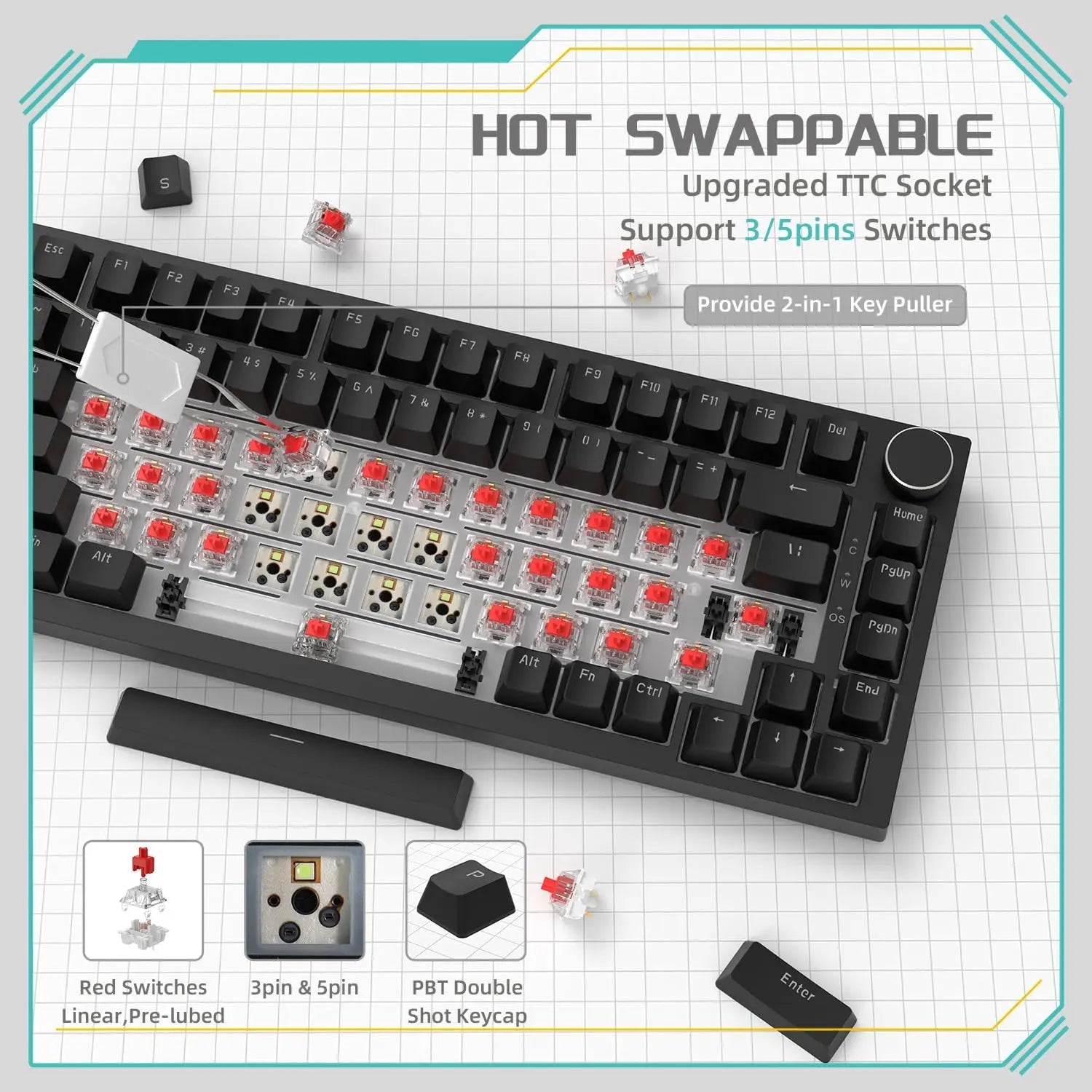 AJAZZ AK820 Wired Mechanical Gaming Keyboard 75% Layout 82 Key Hot-Swappable Design Metal Volume Knob Ideal Esports Office Use