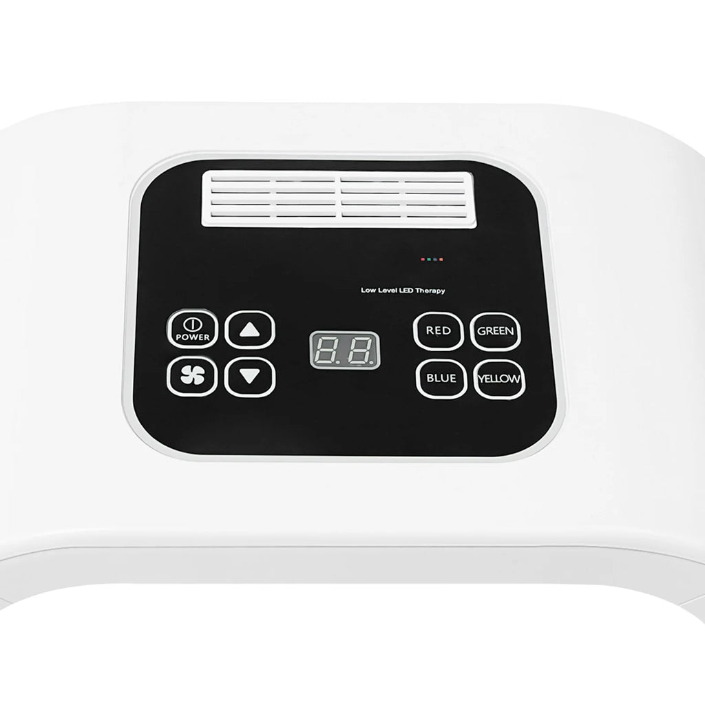 White LED light therapy device with black control panel, digital timer, and buttons for red, green, blue, yellow light.