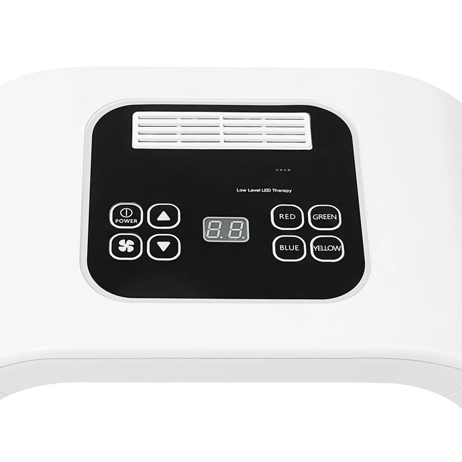 White LED light therapy device with black control panel, digital timer, and buttons for red, green, blue, yellow light.