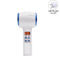 White and blue hand-held face massager with a digital temperature display, control buttons, and a UK power plug.