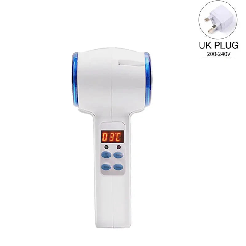 White and blue hand-held face massager with a digital temperature display, control buttons, and a UK power plug.
