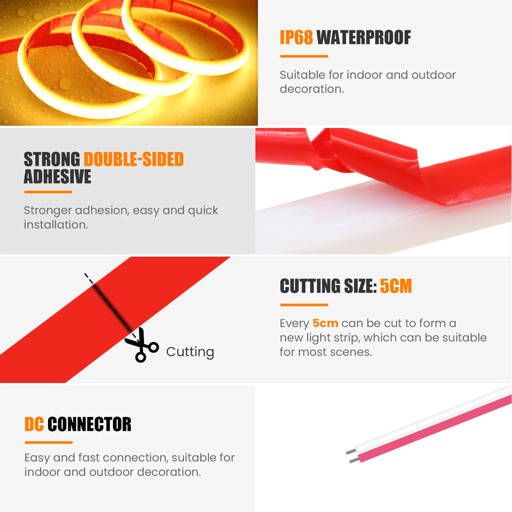 IP68 Waterproof COB LED Strip Light 12V 24V 320LEDs/m Flexible LED Neon Tape for Outdoor Swimming Pool High Density Linear Light