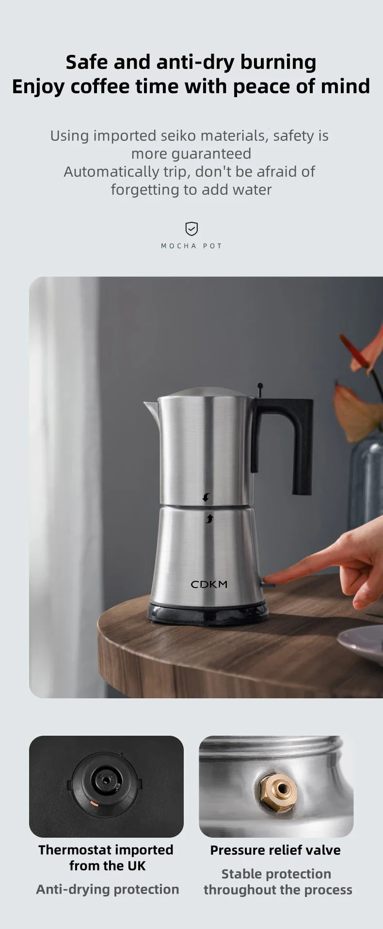 CDKM electric stainless steel mocha pot with black handle, safety features, and pressure relief valve.
