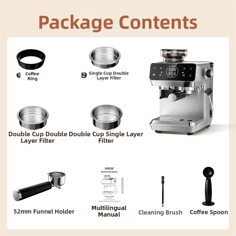Cafelffe espresso machine set with 52mm portafilter, stainless steel filters, coffee ring, spoon, brush, and manual.