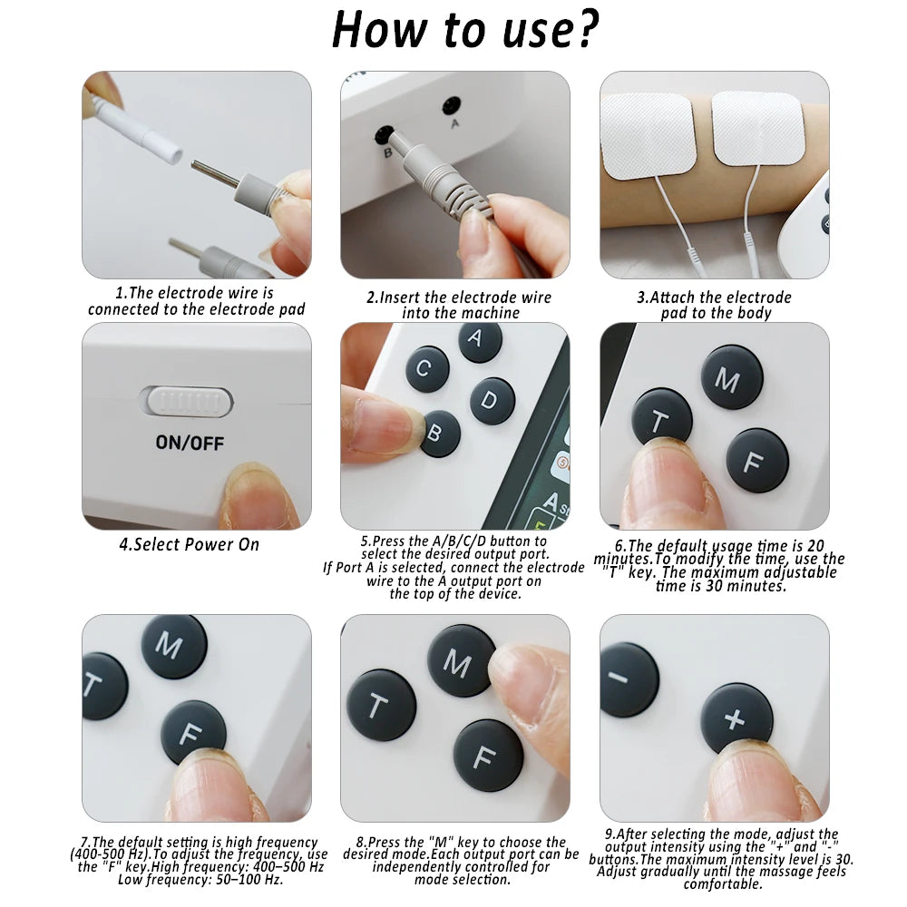 TENS EMS Muscle Stimulator with 30 Intensity Levels and 8 Pads Relaxation Treatment Tidesmit