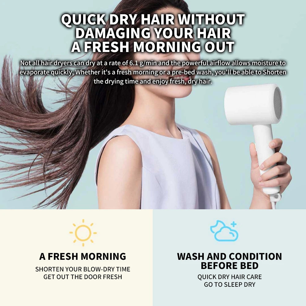 White Xiaomi Mijia H300 ionic hair dryer for quick, damage-free professional home hair care and styling.