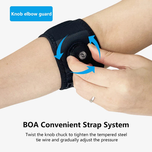 Black neoprene elbow brace with adjustable knob dial for orthopedic pain relief and tendonitis support.