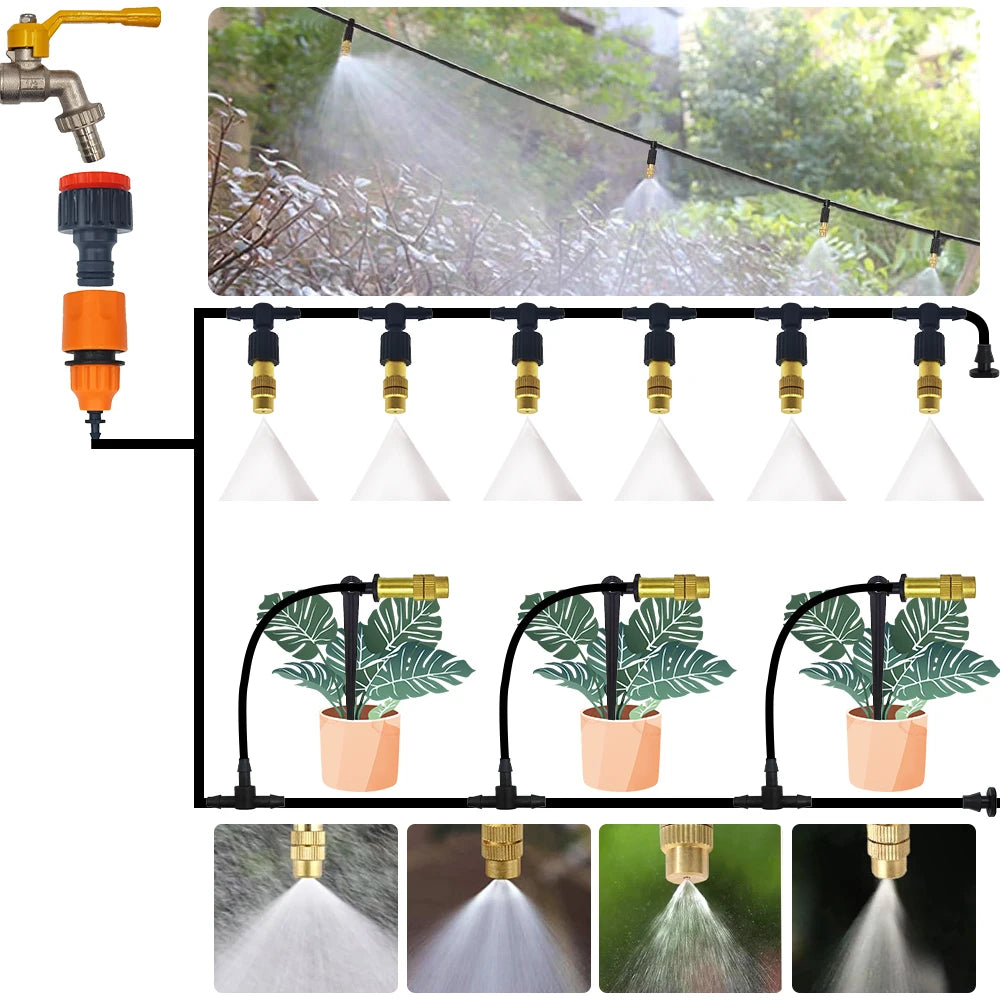 5M-30M Garden Brass Misting Cooling System Irrigation Watering 1/4'' Atomizer Nozzles 4/7mm Hose for Outdoor Greenhouse Pot