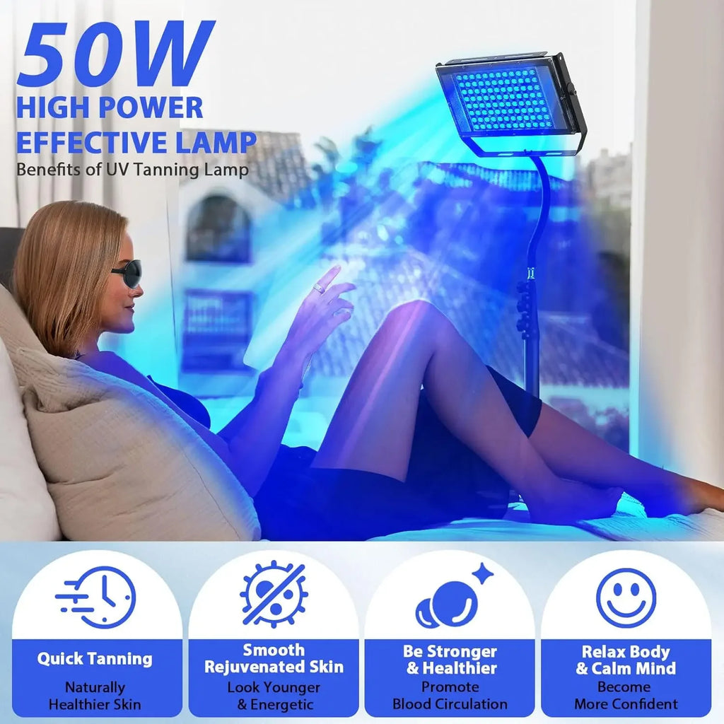 50W blue light tanning lamp on tripod stand for home body tanning and skin care, featuring 96 LEDs for UV treatment.
