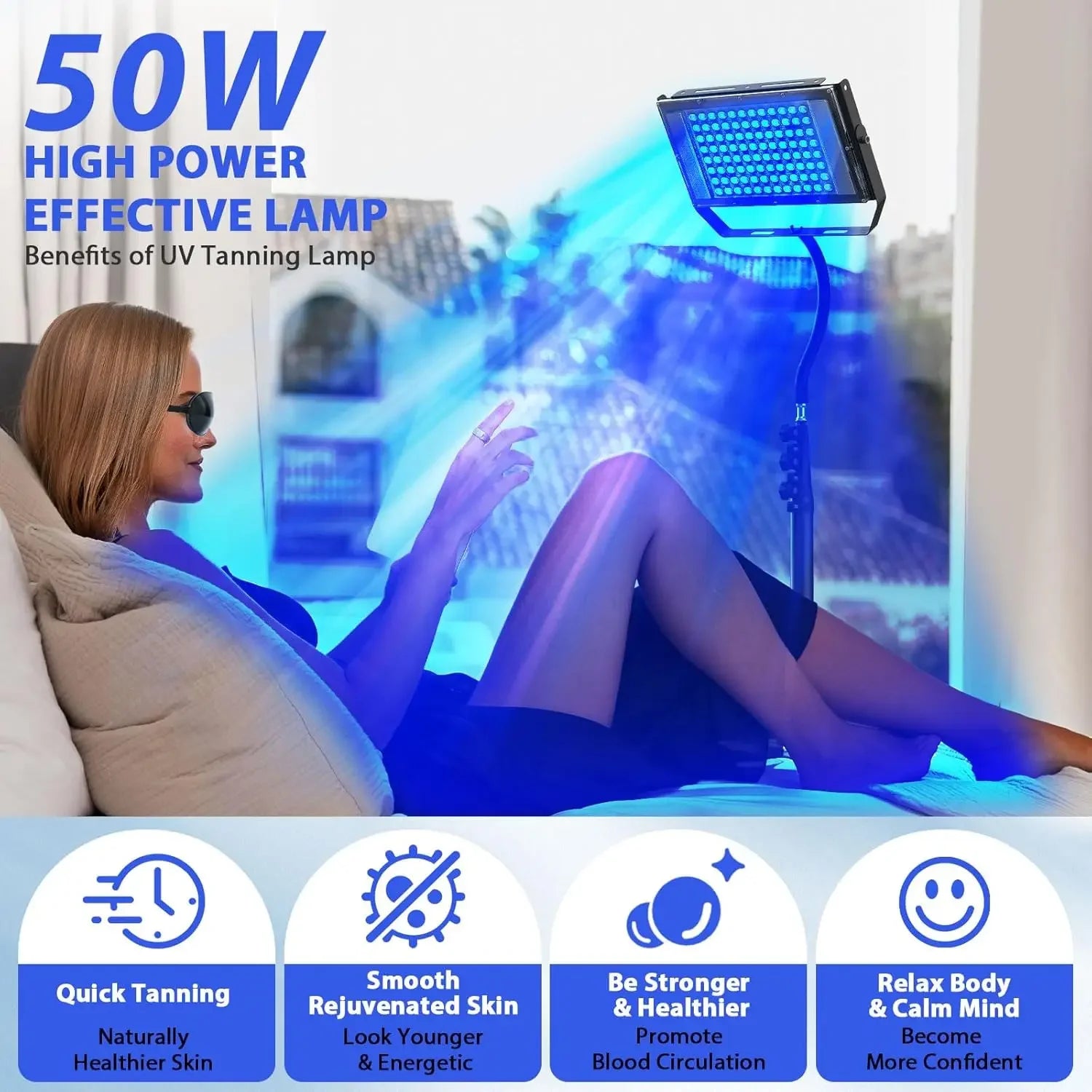 50W blue light tanning lamp on tripod stand for home body tanning and skin care, featuring 96 LEDs for UV treatment.