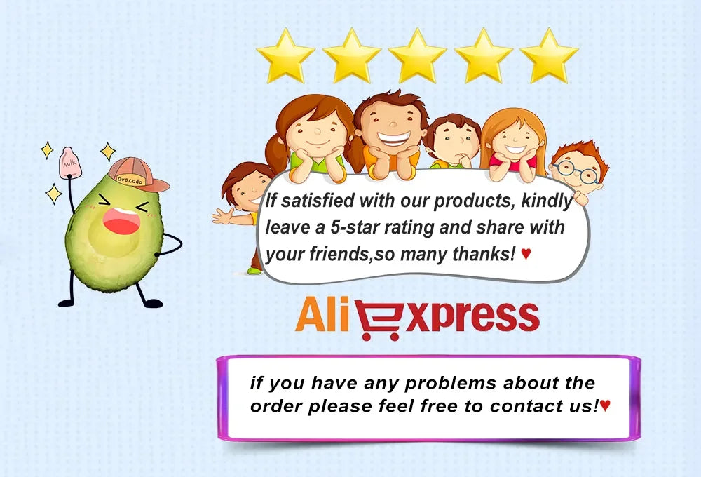 SEO-optimized alt text:
Cartoon avocado character asking for 5-star review on AliExpress for cat brooch and pet jewelry gifts.