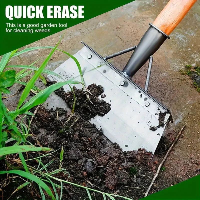 Metal weeding shovel with silver blade and wood handle, cutting weeds at ground level