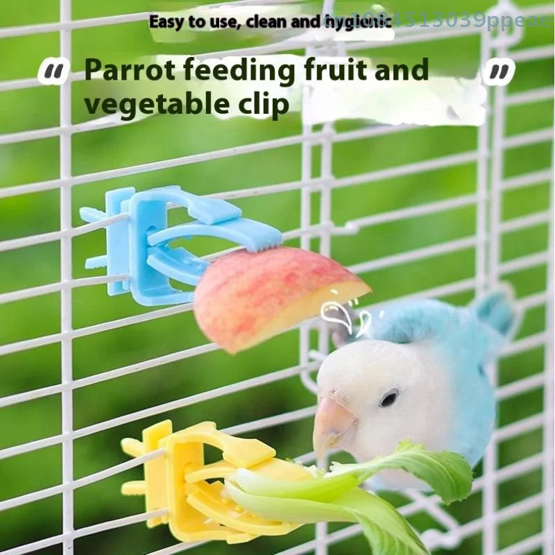 Blue and yellow plastic bird cage clips for feeding fruit and vegetables to parrots and pet birds.