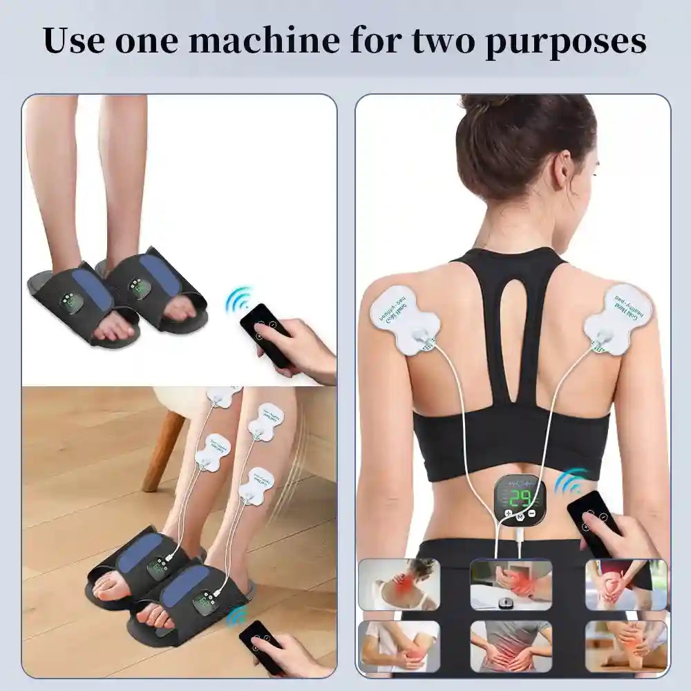 EMS foot massager and body stimulation pads with remote control for pain relief, muscle circulation, and relaxation.