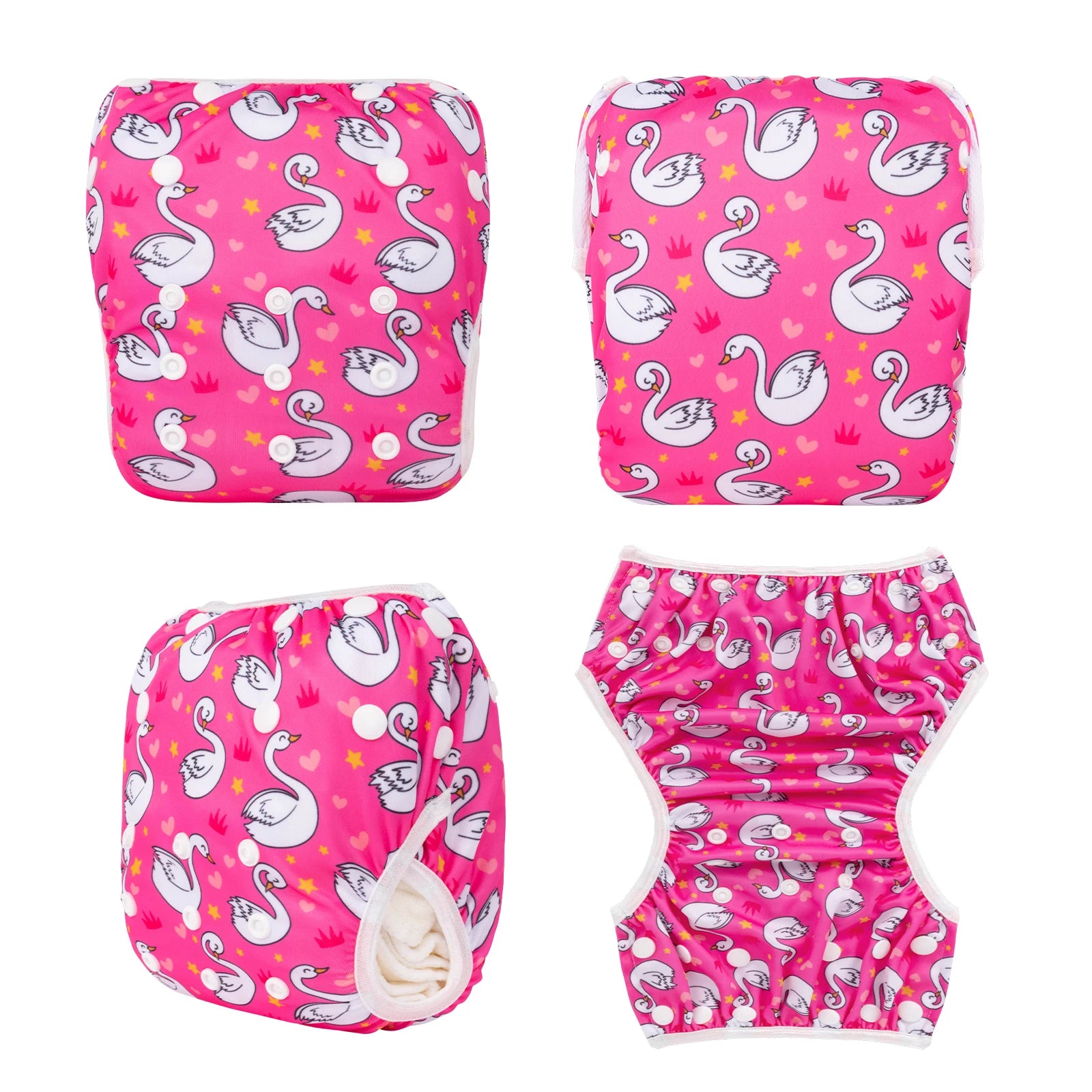 Pink reusable baby diaper with white swan, heart, and crown print, featuring adjustable snap buttons.