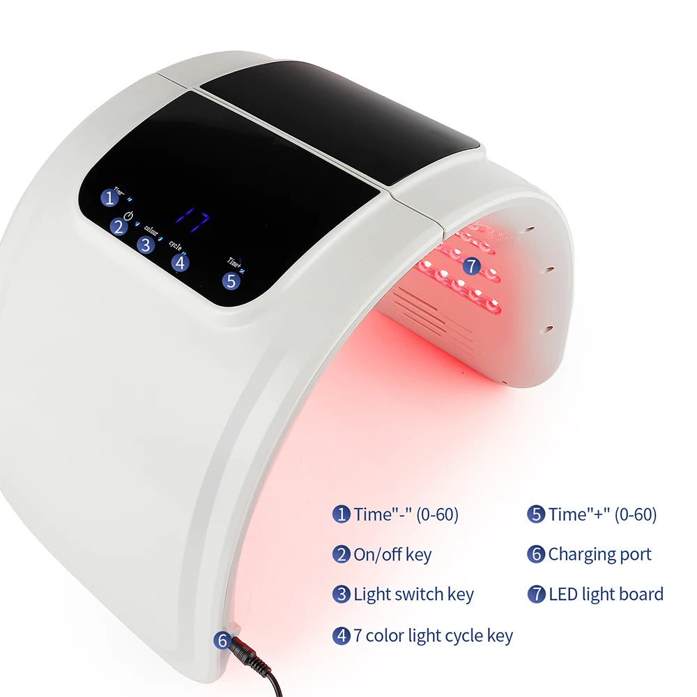White arched LED facial therapy device with a black digital control panel and red light emitting from the underside.