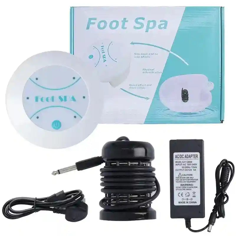 Ionic detox foot spa machine with round control unit, black ion array, power adapter, and branded retail box.