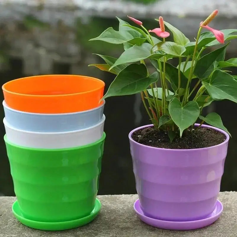 Orange, green, and purple plastic flower pots with small leafy plant