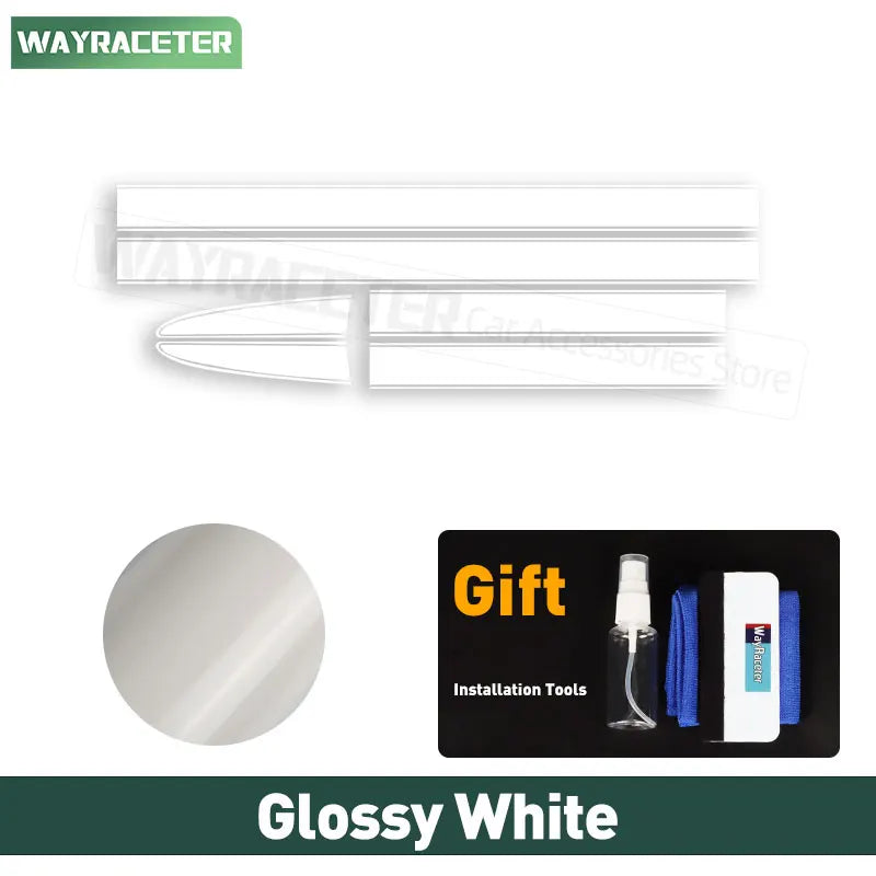 Glossy white vinyl car racing stripes with tapered ends and included installation tool kit for Fiat 500.