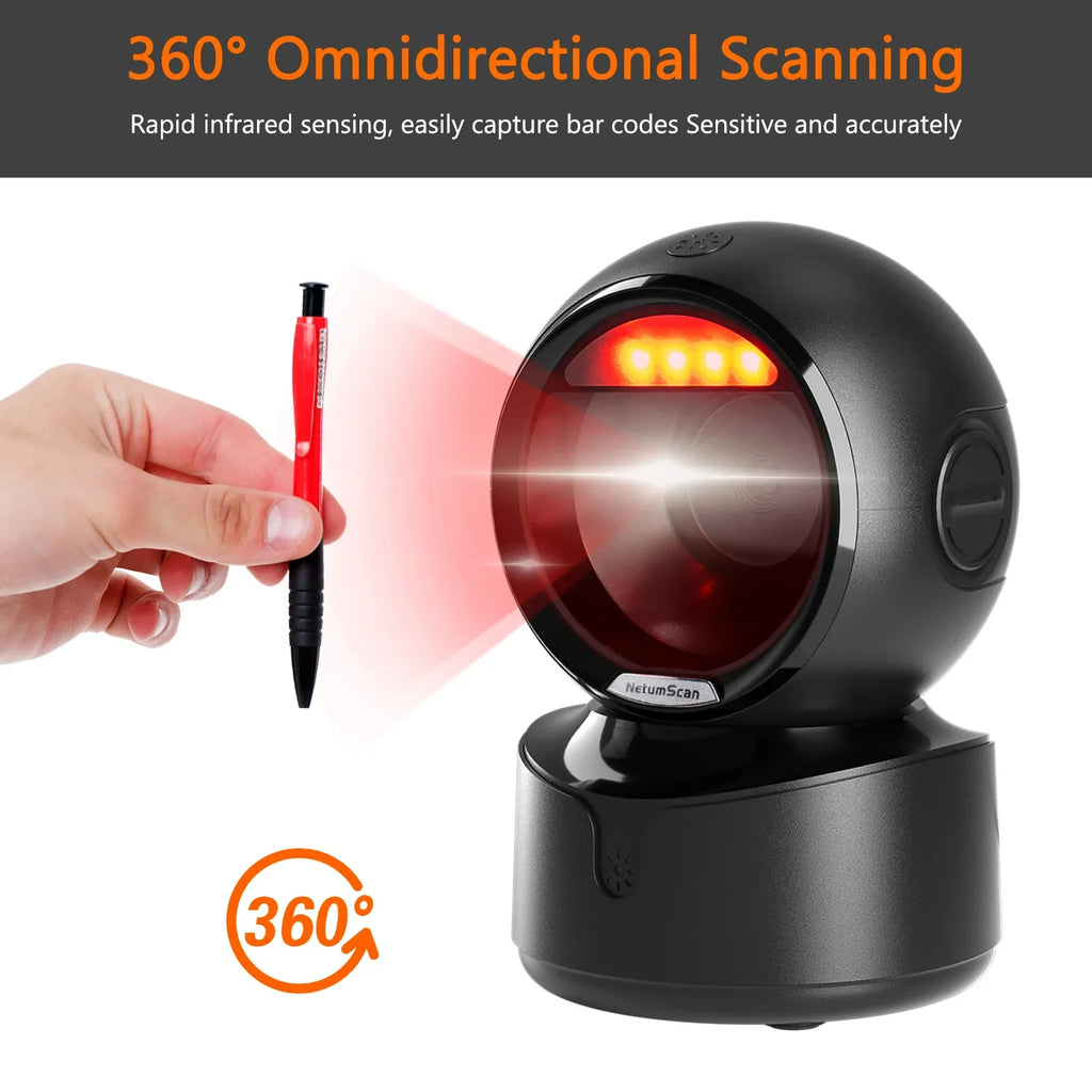 Black 360-degree omnidirectional barcode scanner with red scan light and handheld pointer