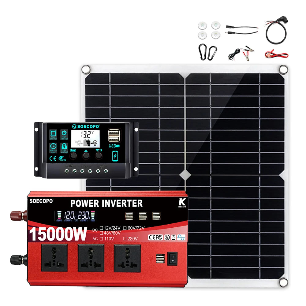 Portable Solar System Kit 15000W Peak 12V 24V To 110V 220V Inverter 3 Universal Sockets 300W Panel 100A Controller for Home RV