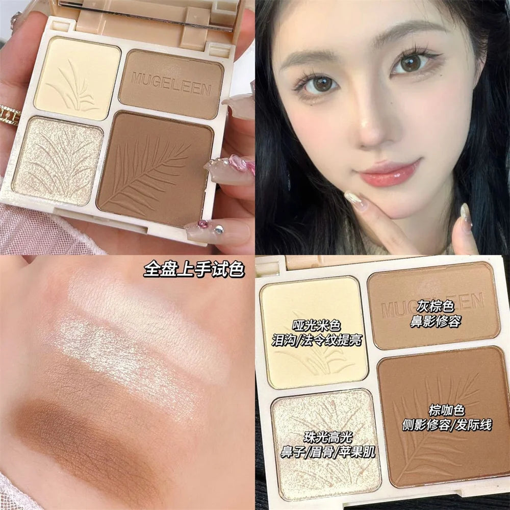 Tidesmit 4-color matte highlighter and bronzer contour palette featuring detailed shade swatches for face makeup