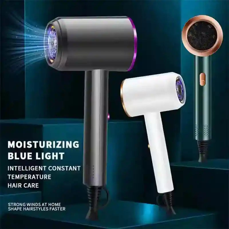 High-speed ionic hair dryer set in grey, white, and green with blue light tech for fast, constant temperature drying.
