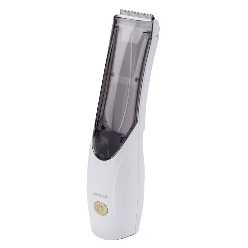 White rechargeable portable pet hair vacuum clipper with 3-speed control for easy cat and dog grooming at home.