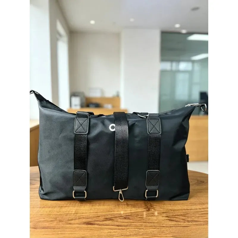 Waterproof yoga gym crossbody bag, dark gray duffel shape with webbing crossbody straps