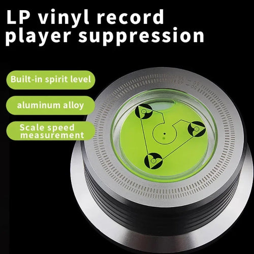 LP vinyl record disc stabilizer weight, brushed silver metal with built-in level