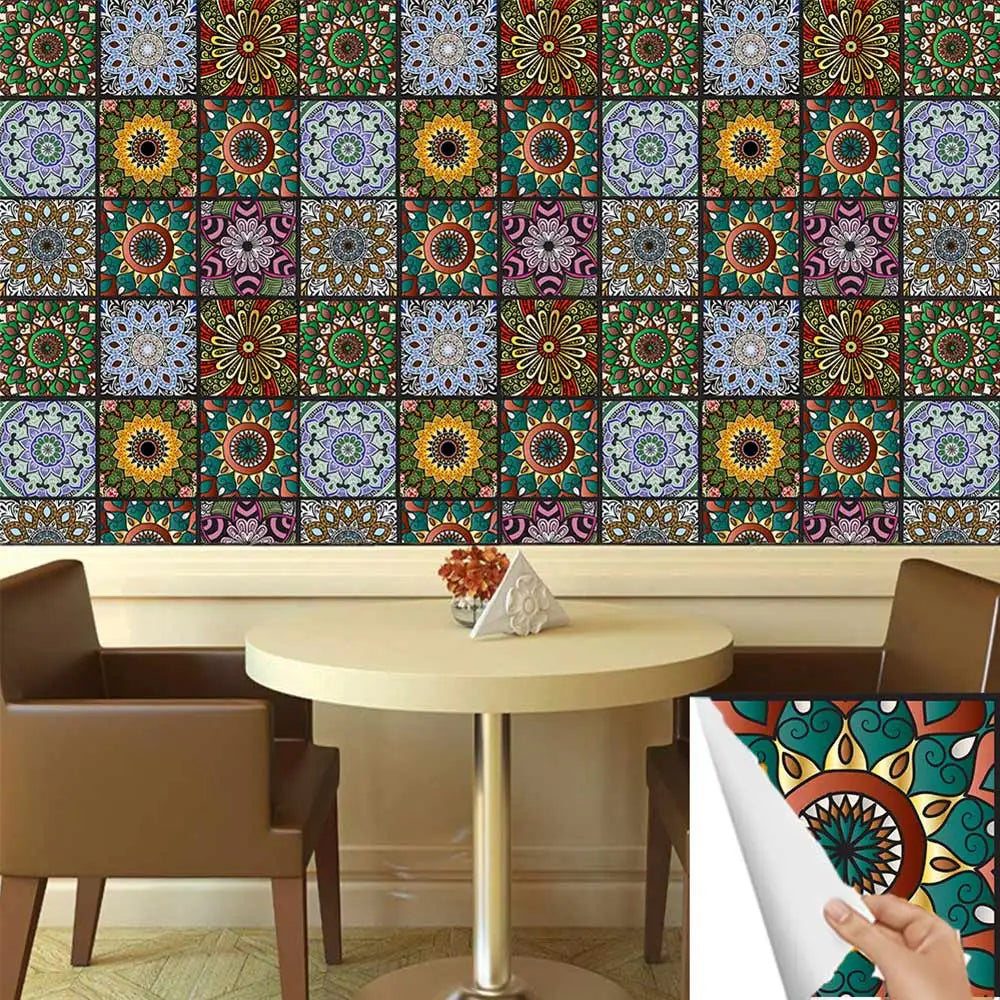 10 pcs/pack, Floral Mandala PVC Self-Adhesive Tile Stickers - Waterproof, Oil-Proof, Easy to Clean for Home Decoration