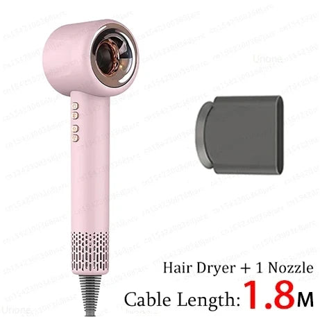 Pink 1600W leafless negative ion hair dryer with nozzle attachment for professional hair styling and care.