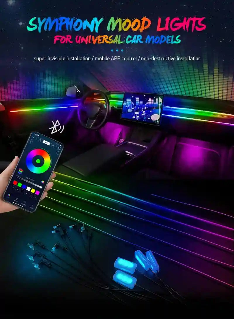 Multi-color LED car interior light strips controlled by a smartphone app for customizable dashboard and cabin lighting.