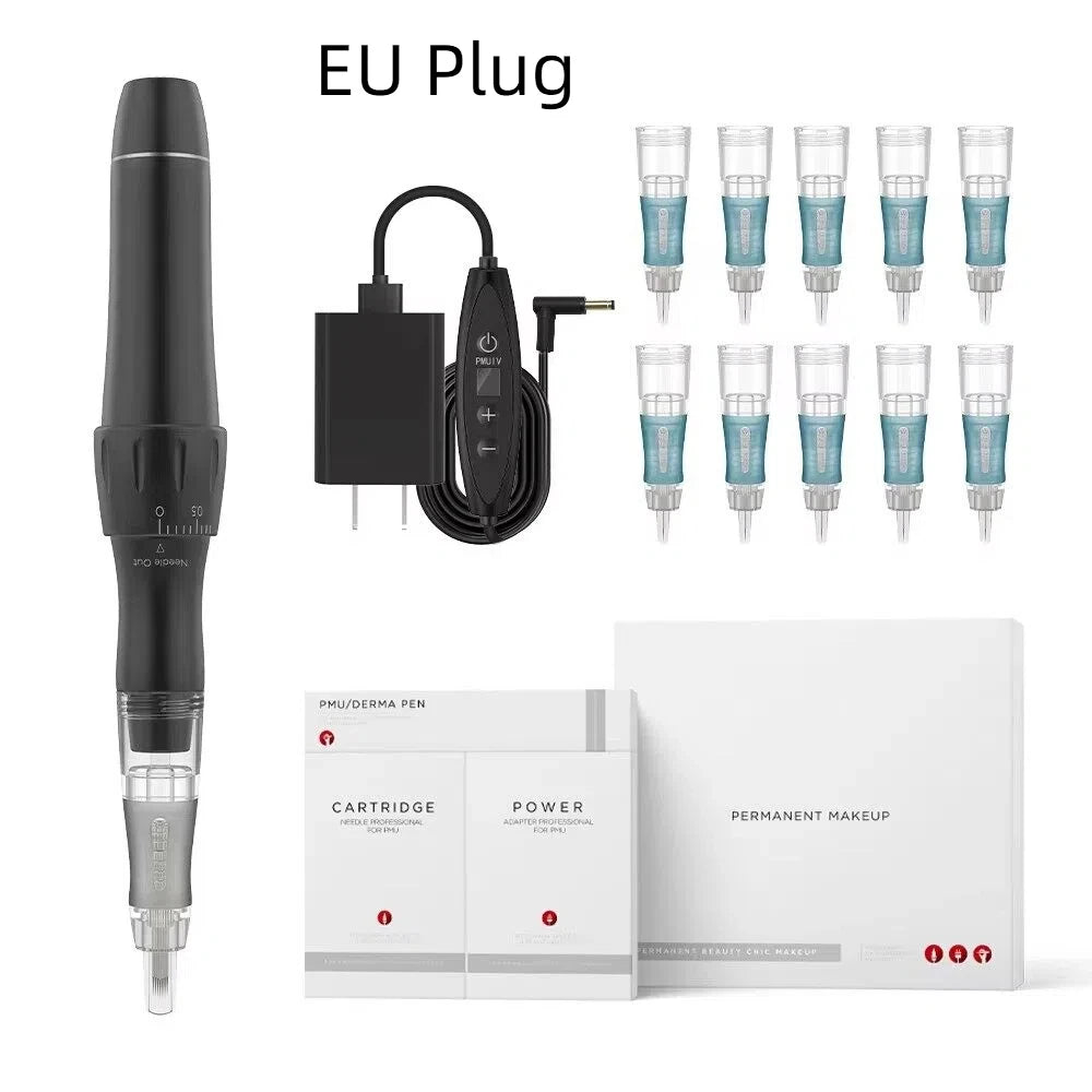 Grey PMU pen with EU plug power cable, 10 needle cartridges, and storage box for permanent makeup application.