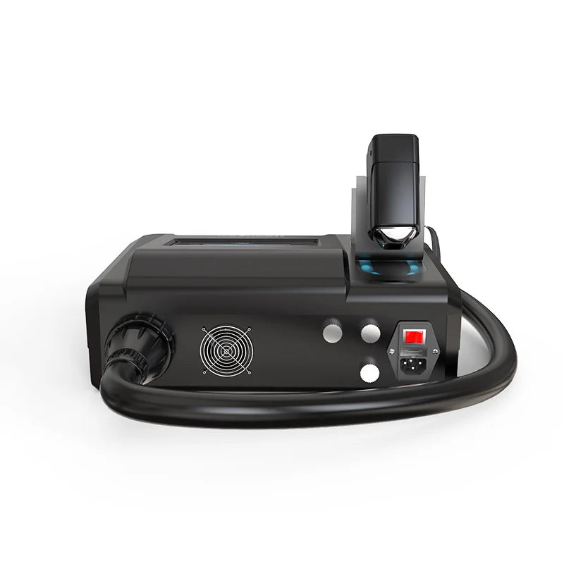 Black 808nm diode laser hair removal device with cooling fan, handheld probe, and power port on a white background.