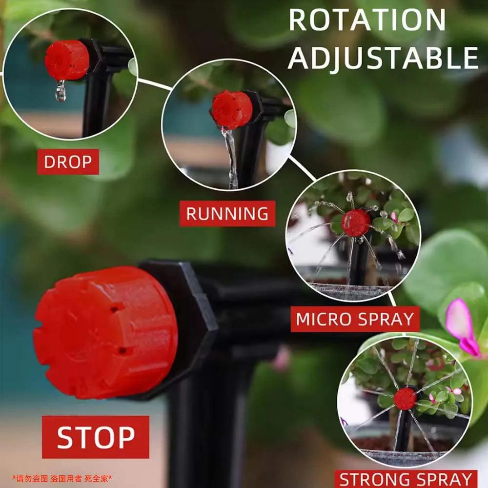 Rotation adjustable micro spray nozzle with red cap and black hose inlet connector
