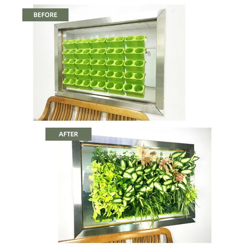 Wall-mounted vertical plastic planters with lime-green oval cups for succulents