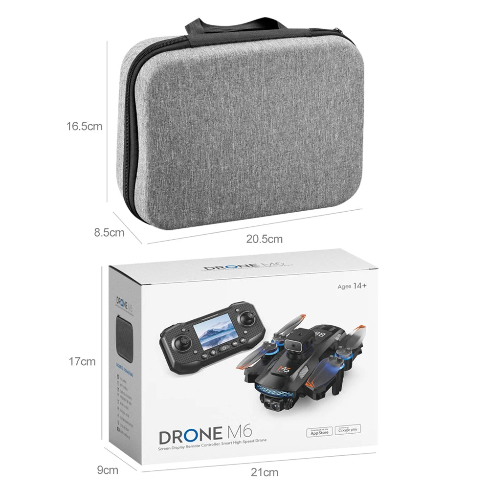 M6 drone set with a black controller, camera drone, and a grey fabric carrying case, including product dimensions.